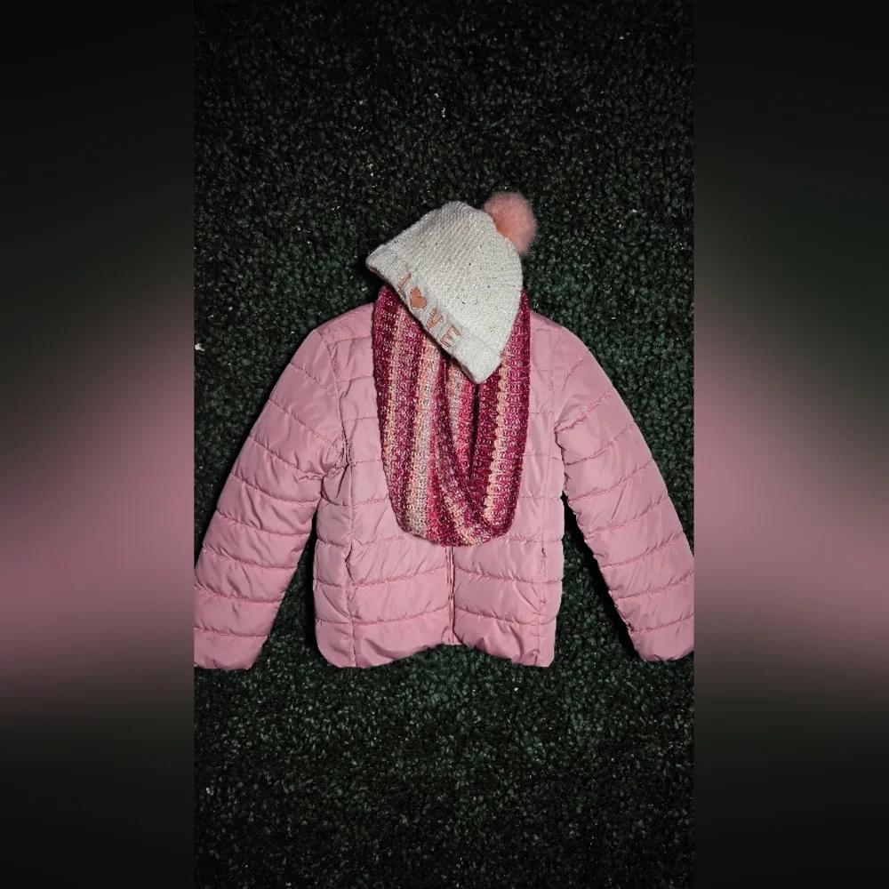 3 Items For The Price Of 1 ! Kids Pink Puffer Jacket With Hat & Scarf